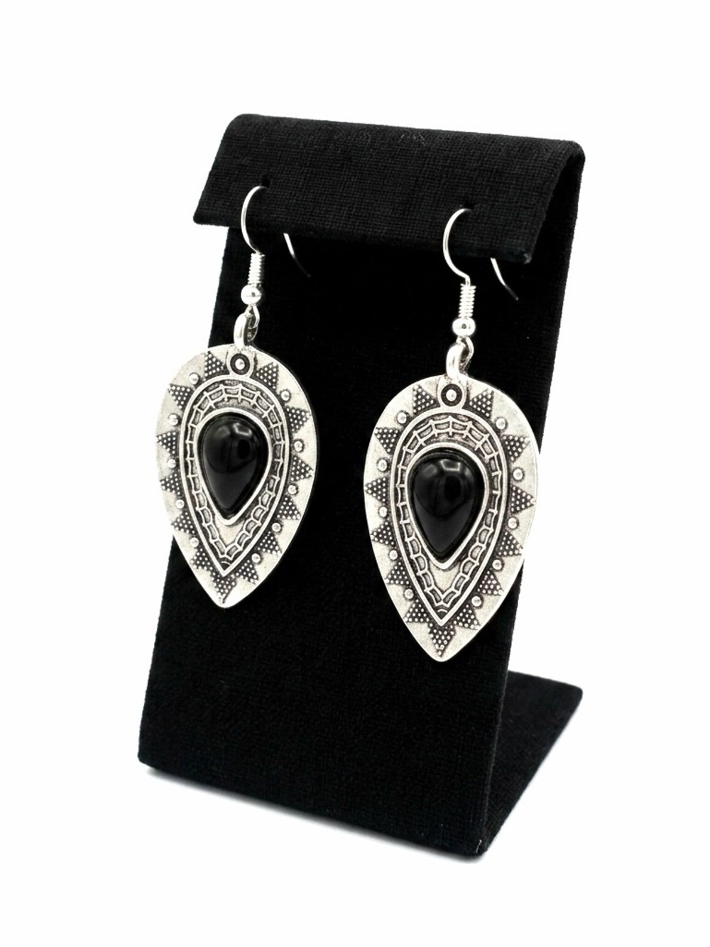 New S925 Sterling Silver Artisan Natural Polished Black Onyx Tibetan Earrings